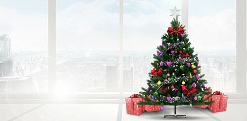 Flat design Christmas tree is standing on pale floor before city skyline windows with red gifts