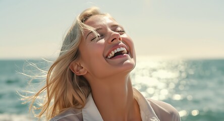Blonde Woman's Joyful Laughter by the Ocean A Portrait of Happiness, Freedom, and Serenity by the Water's Edge on a Sunny Day