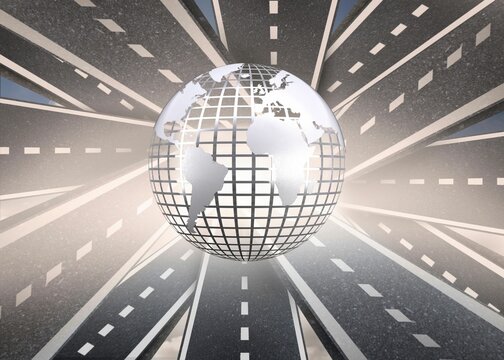 Fototapeta Digitally generated earth floating over streets