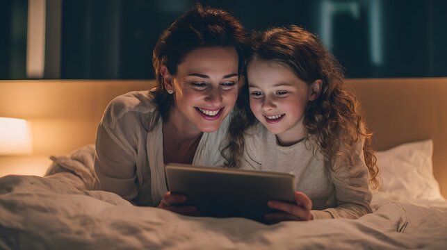 A mother and daughter relaxing together on the bed using a tablet for online entertainment streaming or subscription based content in a cozy contemporary bedroom setting