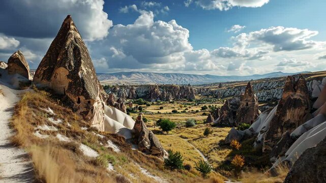 View of Uchisar Castle amidst the unique rock formations of Cappadocia in Nevsehir Province, View of Uchisar Castle in Nevsehir Province in Cappadocia, Turkey