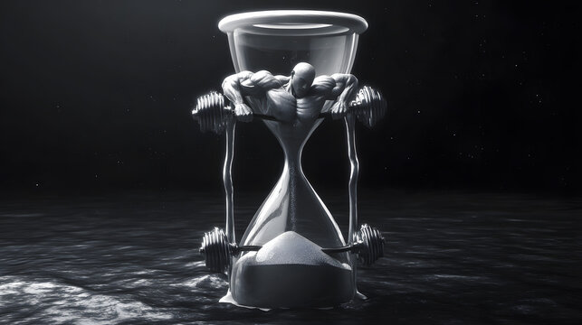 Melting hourglass with sand forming muscular arms, depicting time's paradoxical strength.
