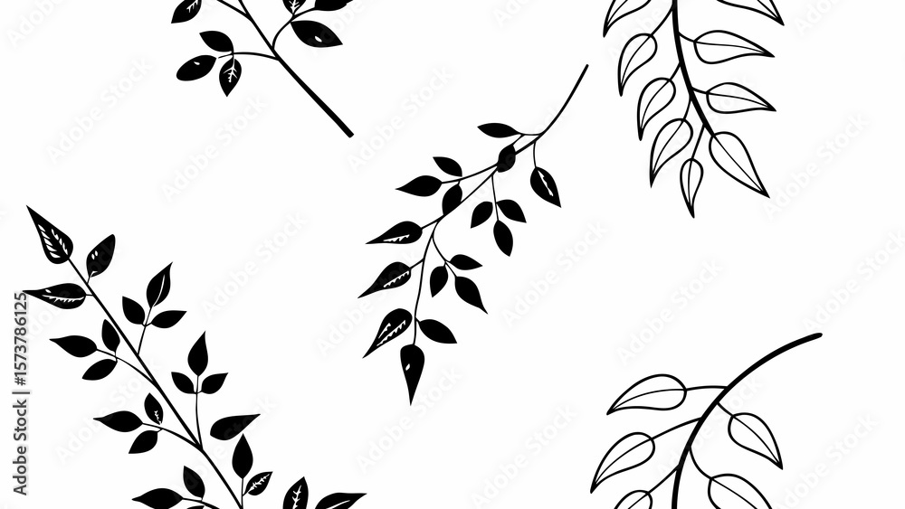 Poster a monochrome botanical pattern of leaves and branches on a white background in a simple style create