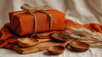 Warm Rustic Composition Featuring Wooden Spoons, Wrapped Gift, and Wheat Stalks