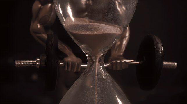 Melting hourglass with sand forming muscular arms, depicting time's paradoxical strength.
