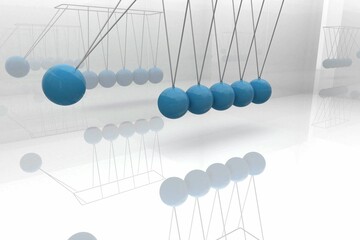 Newton's cradle is swinging in 3D render with glossy blue spheres on frame over mirror floor