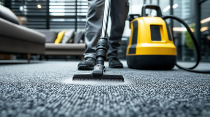 Professional Cleaning Service Performing Deep Cleaning on Carpet Using Advanced Vacuum Machine in Modern Office Environment