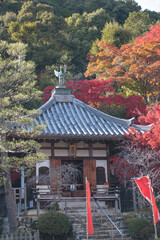 Traditional temple surrounded by colorful autumn foliage. Kyoto, Japan