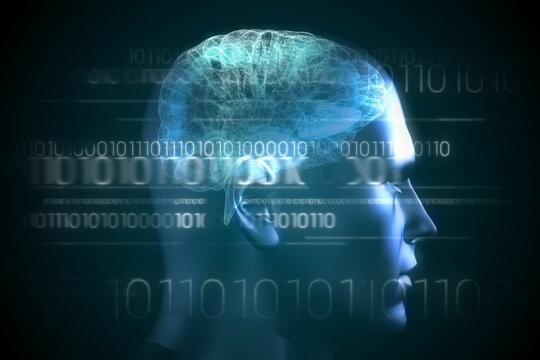 Brain interface in blue with binary code