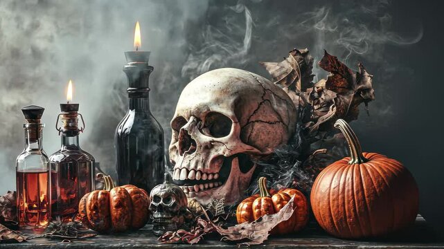 Still life setting featuring skull, potion bottles, and pumpkins for Halloween ambiance, Still life scene with skull, potion bottles, and pumpkins on moody, misty background