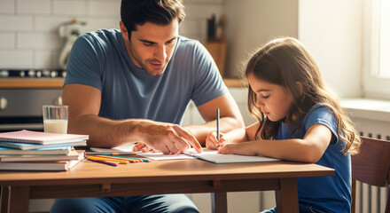 Obraz premium Father assists his daughter with school homework at home in a warm and bright learning environment on the wooden table.