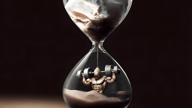 Melting hourglass with sand forming muscular arms, depicting time's paradoxical strength.
