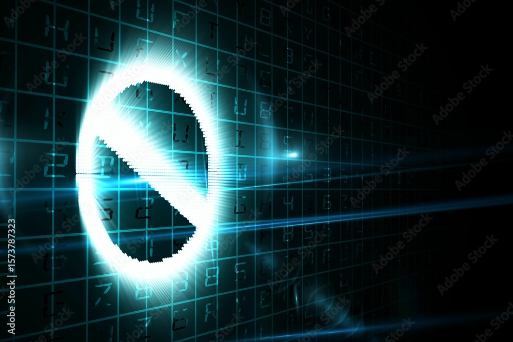 Poster digital design showing glowing prohibition symbol floating over dark code grid sending cyan streaks