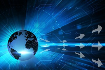 Flat design is showing translucent globe with binary code and dotted arrows over circuit grid