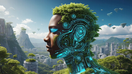 a futuristic vision of a cityscape blending advanced digital technology, artificial intelligence, and sustainable eco-friendly design.