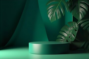 Green Product Display Podium with Monstera Leaves: Tropical Style Showcase for Cosmetics, Jewelry, and Nature-Inspired Brand Marketing