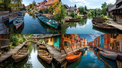 Four views of a canal town with colorful buildings and boats