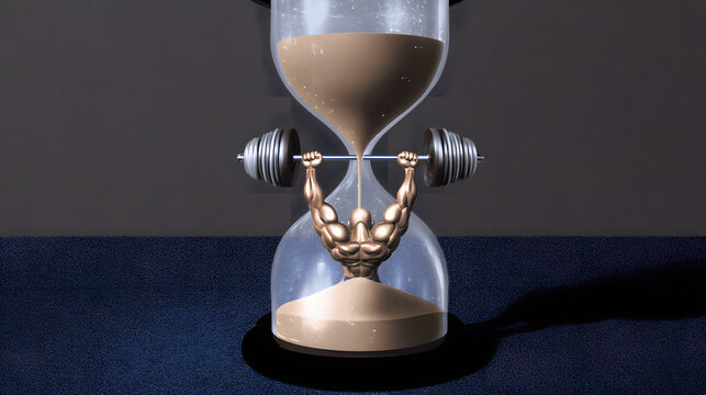 Melting hourglass with sand forming muscular arms, depicting time's paradoxical strength.
