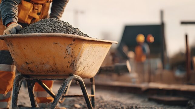 A male contractor or builder transporting tools gravel soil and renovation items using a wheelbarrow at an industrial construction site with cement and concrete mixing