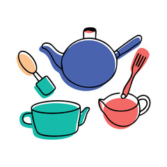 Set of kitchen utensils vector illustration with teapot cup and ceramic dishware on white background