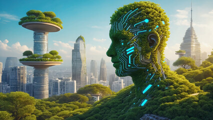 a futuristic vision of a cityscape blending advanced digital technology, artificial intelligence, and sustainable eco-friendly design.