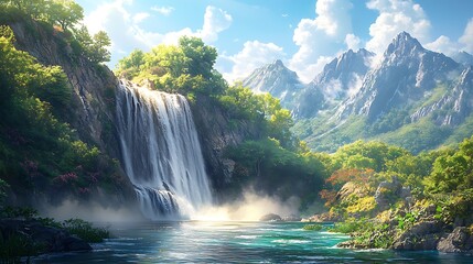 Fototapeta premium Lush green jungle surrounds vibrant waterfall high resolution picture
