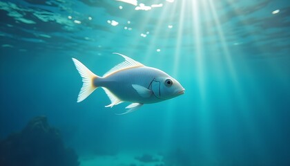 Fototapeta premium A serene underwater scene featuring a small fish swimming under sunlight