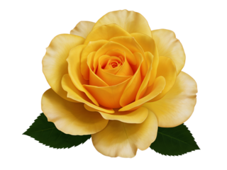A beautiful yellow rose with green leaves isolated on transparent background