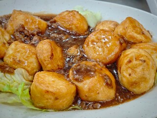 Close up on japanese beancurd with minced meat dish