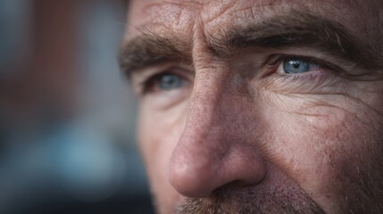 Obraz premium A middle aged man stands in an urban setting his face lined with wrinkles and a pensive frowning expression as he appears to be deep in contemplation or memory