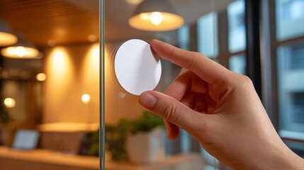 Hand pressing a white smart button on a glass partition - modern office control and automation