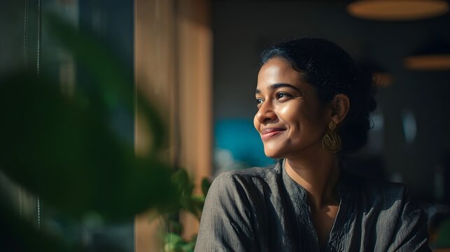 Portrait of a smiling professional employee working as a sustainability advisor and eco friendly specialist in a contemporary cinematic lit workplace