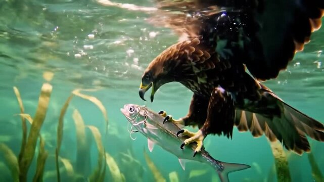 This is an animated video of an eagle catching fish in the water, suitable for educational videos, wildlife, food chains, documentaries, animal life, content,