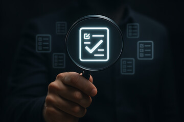 Close-up of hand holding magnifying glass focusing on digital checklist icon, symbolizing document validation, quality assurance, and auditing process in modern digital workflow
