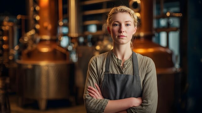 Interior view of a distillery or brewery facility featuring a confident worker with crossed arms and a serious expression surrounded by industrial equipment and hinery used for alcohol production