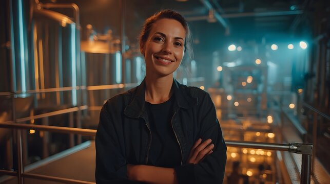 Portrait of a confident professional woman in a contemporary distillery factory setting surrounded by the hinery and processes involved in the manufacturing and distribution of alcoholic beverages