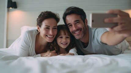 Fototapeta premium Happy family relaxing and taking a selfie together on the bed in their bedroom for photography or to capture a special moment with contemporary lighting and a cozy home setting