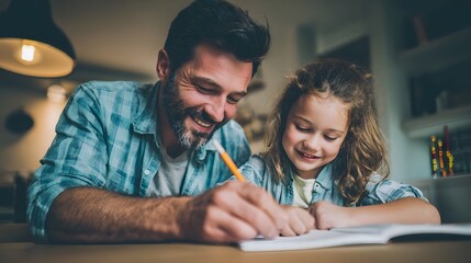A father guiding and bonding with his daughter as she completes her homework with a warm encouraging smile and a supportive home environment