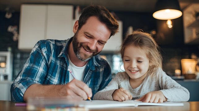 A warm and caring father sitting with his young daughter providing guidance and support as she completes her homework assignment together in their cozy home environment - Powered by Adobe