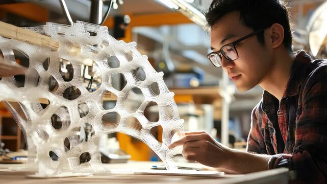 Innovative creator designs intricate structure in workshop using advanced materials and techniques