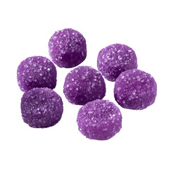 Seven sparkling purple sugar coated round candies isolated on transparent background