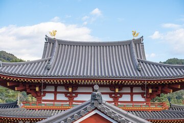 Naklejka premium Byodo-in Temple Uji Kyoto Japan, Traditional Asian temple roof with intricate details and blue sky.