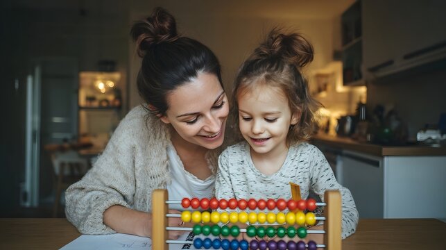 A cozy domestic scene of a mother and her young daughter working on homework together in their apartment using an abacus and other educational aids while sharing a happy supportive moment