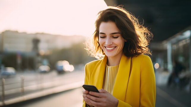 Businesswoman using a smartphone while walking outdoors with a contemporary and cinematic lighting effect - Powered by Adobe