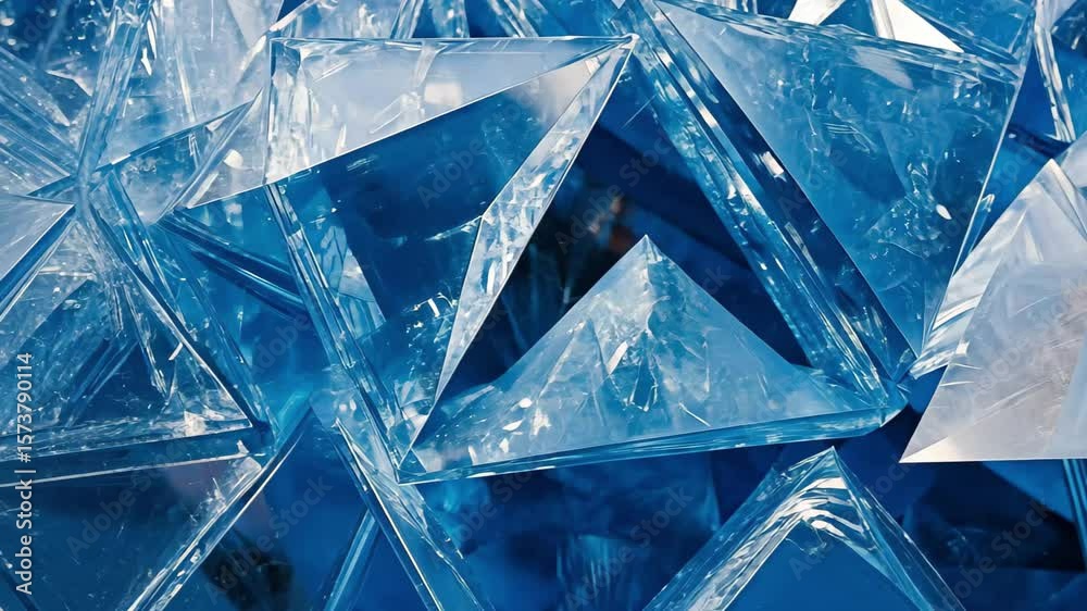 Poster dynamic arrangement of clear triangle shapes creating a visual perspective play in blue tones, movin