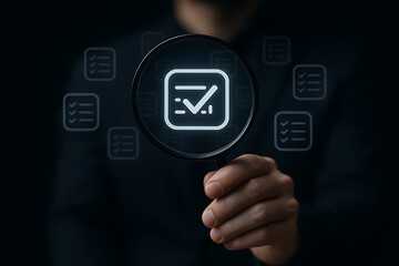 Close-up of hand holding magnifying glass focusing on digital checklist icon, symbolizing document validation, quality assurance, and auditing process in modern digital workflow
