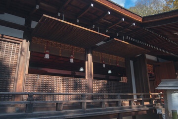 Ujikami Shrine, Uji, Kyoto, Japan, Traditional wooden architecture with intricate design elements.