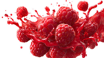 Juice splashed with raspberry droplets isolated on a white background