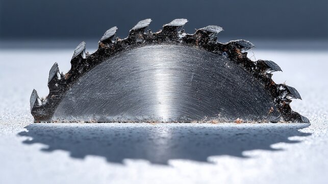 Circular saw blade with sharp, triangular teeth, reflecting light on a smooth surface