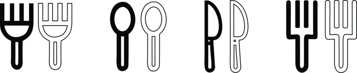 Fork, knife, spoon icon vector. Cutlery kitchen and tableware vector illustration. Restaurant menu utensil symbol. Spoon, forks, knife silhouette and line icon